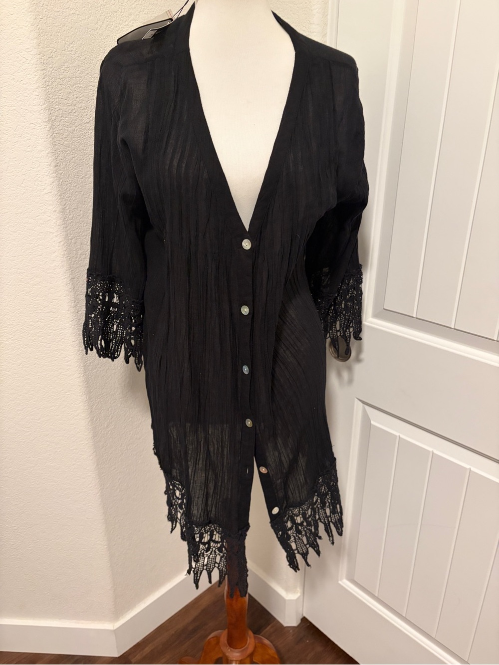 Sheer Black Button-Front Crochet Trim Kimono